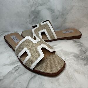 Steven by Steve Madden | “Hanna” Slide Sandals | Natural Raffia & White | 8.5M